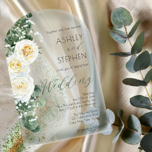 Invitaciones Acrílicas Boda floral de rosa blanca boho Eucalipto