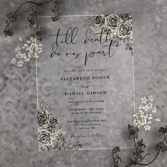 Invitaciones Acrílicas Boda Floral De Rosas Góticos Negros Y Oro (Black And Gold Gothic Roses Floral Wedding Acrylic Invitations)