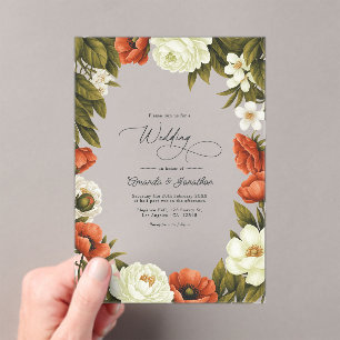 Invitaciones Acrílicas Boda floral de terracota y verde oliva con marfil