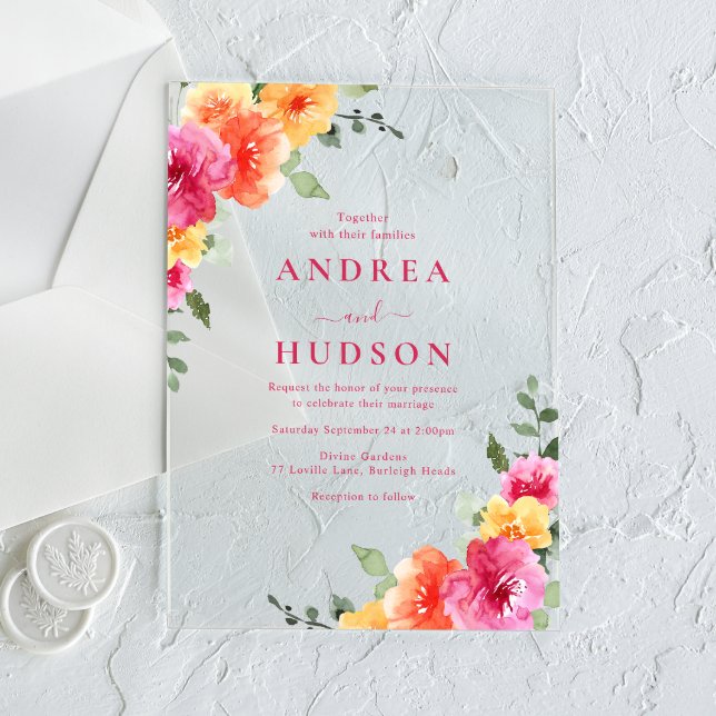 Invitaciones Acrílicas Boda floral de verano audaz y vibrante (Subido por el creador)
