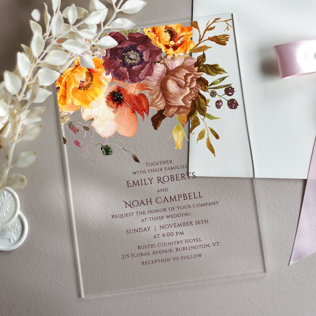 Invitaciones Acrílicas Boda floral del Naranja de ciruelas rusticas de ot (Subido por el creador)