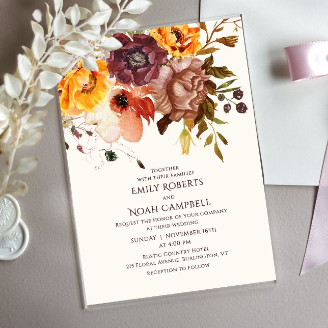 Invitaciones Acrílicas Boda floral del Naranja de ciruelas rusticas de ot (Subido por el creador)