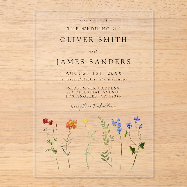 Invitaciones Acrílicas Boda floral del orgullo gay LGBT Wildflower (Anverso)