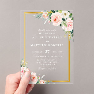 Invitaciones Acrílicas Boda floral dorado y rosa clásico