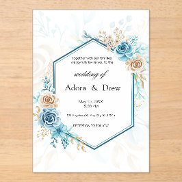 Invitaciones Acrílicas Boda floral elegante azul beige