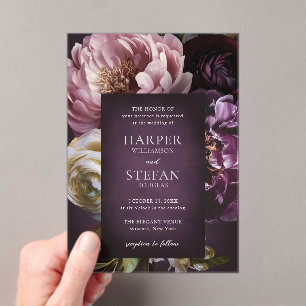 Invitaciones Acrílicas Boda floral elegante de arte fino púrpura oscuro