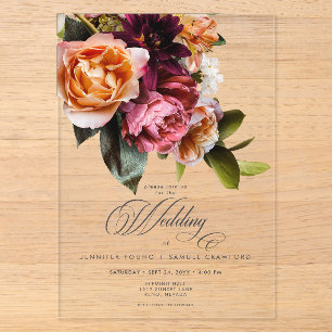 Invitaciones Acrílicas Boda floral elegante de burgundy y rosa