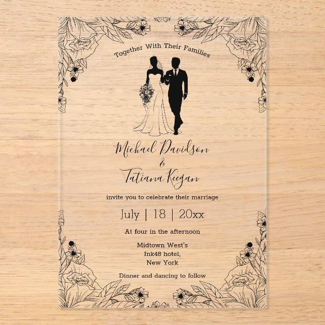 Invitaciones Acrílicas boda floral elegante de novios y novios (Anverso)