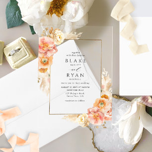 Invitaciones Acrílicas Boda floral elegante en melocotón, crema y amarill