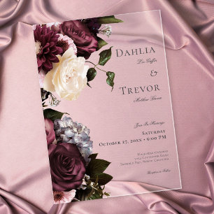 Invitaciones Acrílicas Boda floral elegante oscura de burgundy y crema