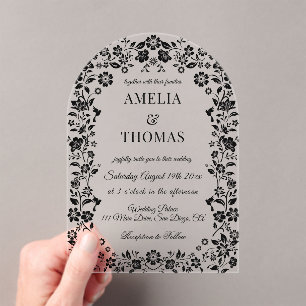 Invitaciones Acrílicas Boda floral elegante y negro