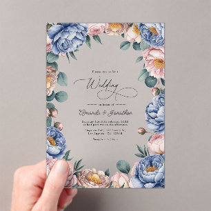 Invitaciones Acrílicas Boda floral en azul polvoriento, rubor y taupe cál