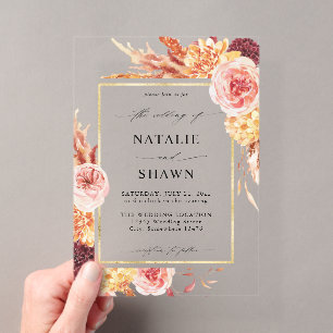 Invitaciones Acrílicas Boda floral en Burgundy dorado y rosa delicado