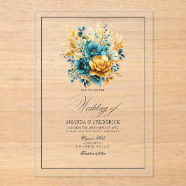Invitaciones Acrílicas Boda floral en turquesa transparente y dorado