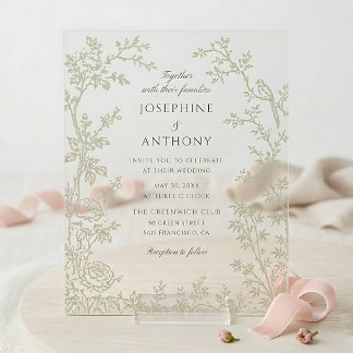 Invitaciones Acrílicas Boda floral en verde salvia con estilo chinoiserie