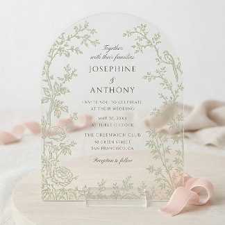 Invitaciones Acrílicas Boda floral en verde salvia con estilo chinoiserie