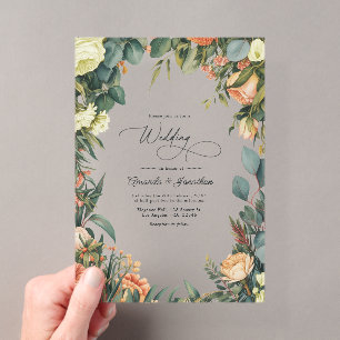 Invitaciones Acrílicas Boda floral en verde salvia, melocotón y crema