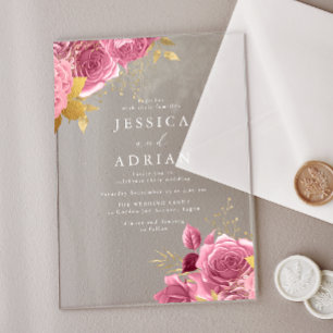 Invitaciones Acrílicas Boda Floral Encantada con Rosa y Dorado
