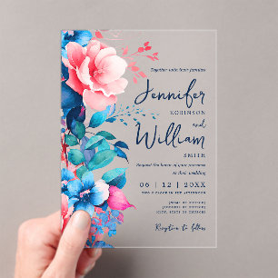 Invitaciones Acrílicas Boda floral escritura moderna tipografía de color