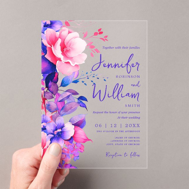 Invitaciones Acrílicas Boda floral escritura moderna tipografía púrpura (Insitu (portátil))