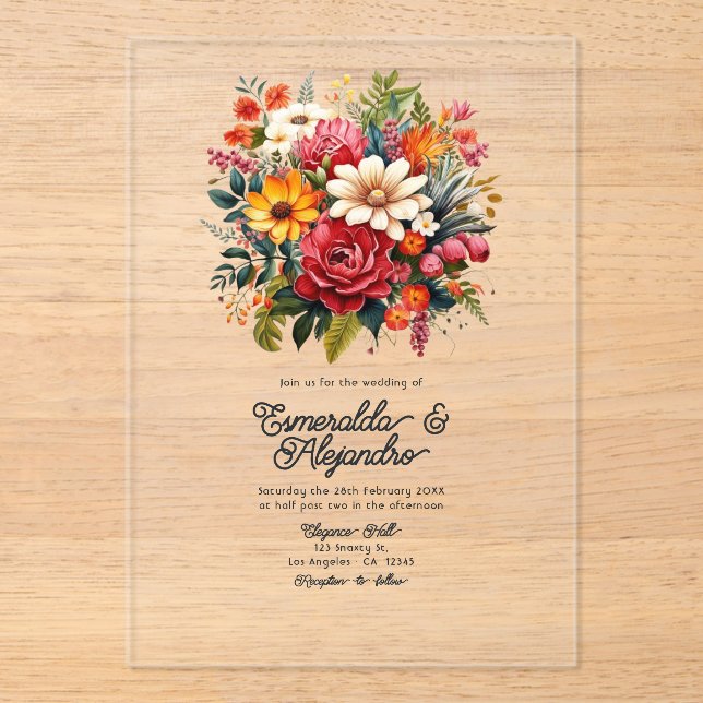 Invitaciones Acrílicas Boda Floral Fiesta Mexicana Transparente (Anverso)