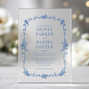 Invitaciones Acrílicas Boda Floral Francesa Victoriana Azul Real