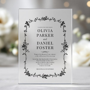 Invitaciones Acrílicas Boda Floral Francesa Victoriana Negra Blanca