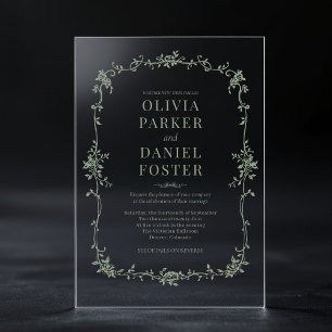 Invitaciones Acrílicas Boda Floral Francesa Victoriana Verde Salvia