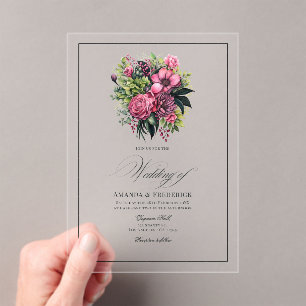 Invitaciones Acrílicas Boda floral fucsia, verde esmeralda y negro