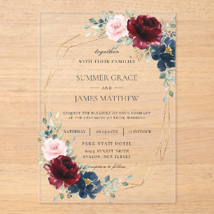 Invitaciones Acrílicas Boda floral geométrica de rosas Navy Burgundy Blus