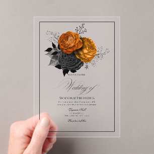 Invitaciones Acrílicas Boda floral gótica transparente naranja y negro