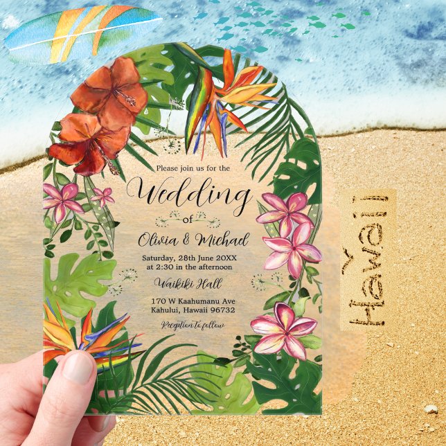 Invitaciones Acrílicas Boda floral hawaiana de acuarela tropical (Tropical Watercolor Hawaiian Floral Wedding Acrylic Invitations)