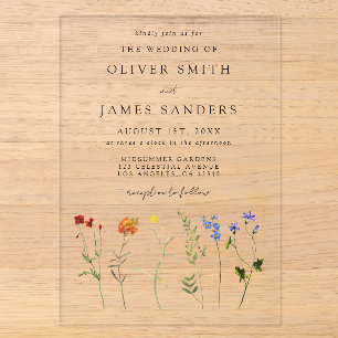 Invitaciones Acrílicas Boda floral LGBT de orgullo gay de flor silvestre