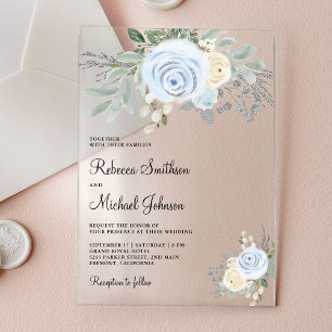Invitaciones Acrílicas Boda Floral Marfil Azul Polvoriento