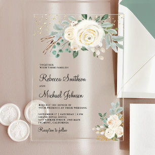 Invitaciones Acrílicas Boda Floral Marfil Dorado Rústico