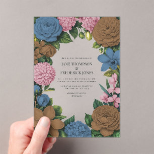 Invitaciones Acrílicas Boda floral marrón moca, azul polvoriento y rosa s