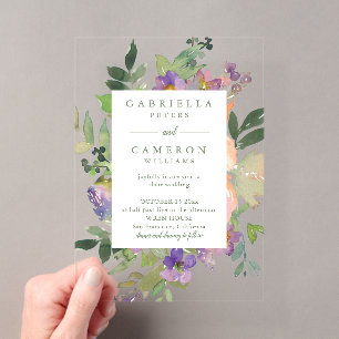 Invitaciones Acrílicas Boda Floral Minimalista Acuarela Púrpura Chic