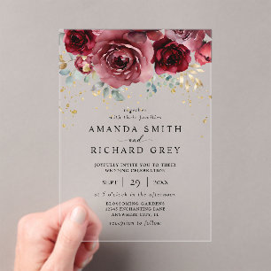 Invitaciones Acrílicas Boda floral moderna boho burgundy roja y dorada