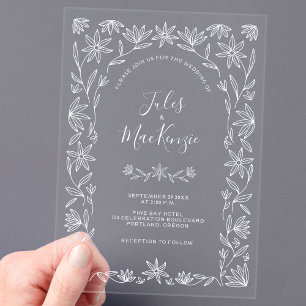 Invitaciones Acrílicas Boda Floral Moderna de Arte en Línea Blanco Simple