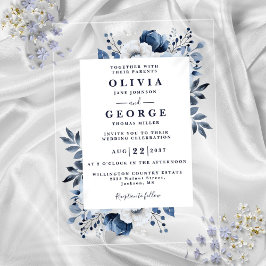 Invitaciones Acrílicas Boda Floral Moderno Azul Y Blanco De La Marina