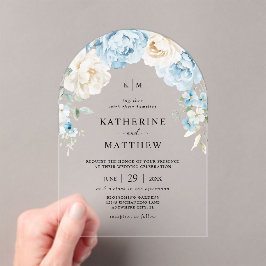 Invitaciones Acrílicas Boda Floral Monograma Azul Polvo Champagne Marfil