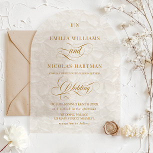 Invitaciones Acrílicas Boda floral monograma marfil romántico