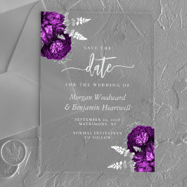 Invitaciones Acrílicas Boda floral morada de plata salva la fecha