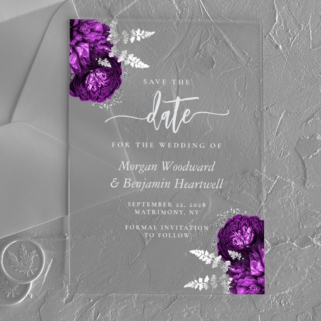 Invitaciones Acrílicas Boda floral morada de plata salva la fecha (Subido por el creador)