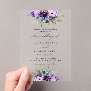 Invitaciones Acrílicas Boda floral morado y verde