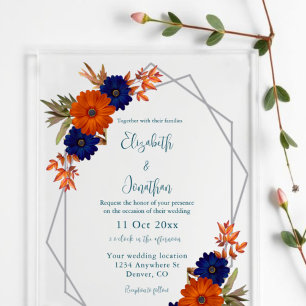 Invitaciones Acrílicas Boda floral naranja naval azul otoño rústico