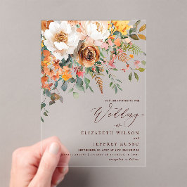 Invitaciones Acrílicas Boda Floral Naranja Rústica de Otoño