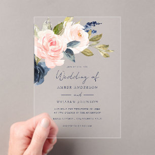 Invitaciones Acrílicas Boda floral naval sonrojado