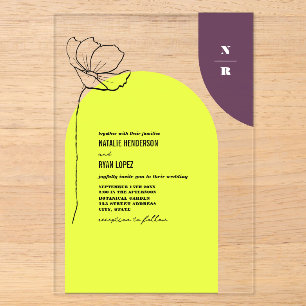 Invitaciones Acrílicas Boda floral neón + geométrico ciruela