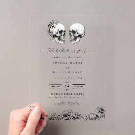 Invitaciones Acrílicas Boda floral oscura negra gótica de cráneo hasta la